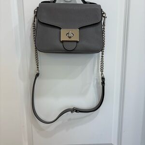 Coach Gray Leather Crossbody Bag with Chain Strap with Red Microfiber interior.